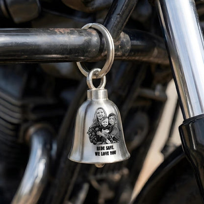 Custom engraved motorcycle guardian bell featuring a cross wing bell design, the perfect gift for a motorcycle dad.