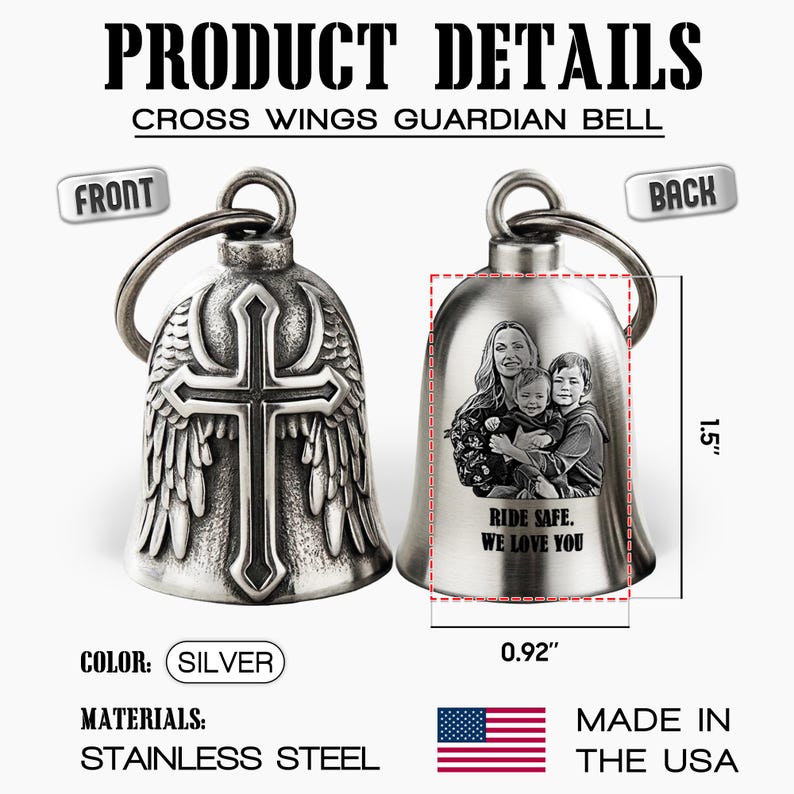 Dad guardian bell with personalized engraving and a custom photo, an ideal personalized motorcycle gift.