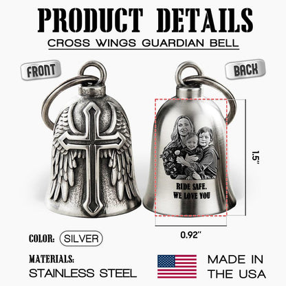 Dad guardian bell with personalized engraving and a custom photo, an ideal personalized motorcycle gift.
