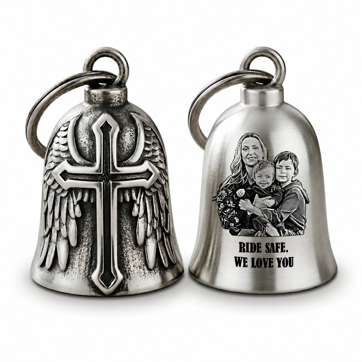 Personalized photo cross wing guardian bell, a unique custom guardian bell and engraved gift for dad.
