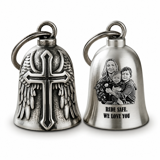 Personalized photo cross wing guardian bell, a unique custom guardian bell and engraved gift for dad.