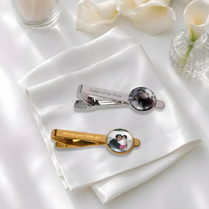 Personalized photo tie clip gift for him, custom father of the bride tie bar, wedding gift for dad