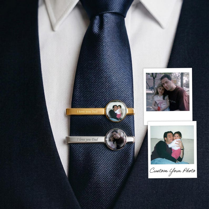 Personalized photo dad tie clip, a unique custom tie clip and engraved Father's Day gift for dad.