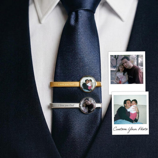 Personalized photo dad tie clip, a unique custom tie clip and engraved Father's Day gift for dad.