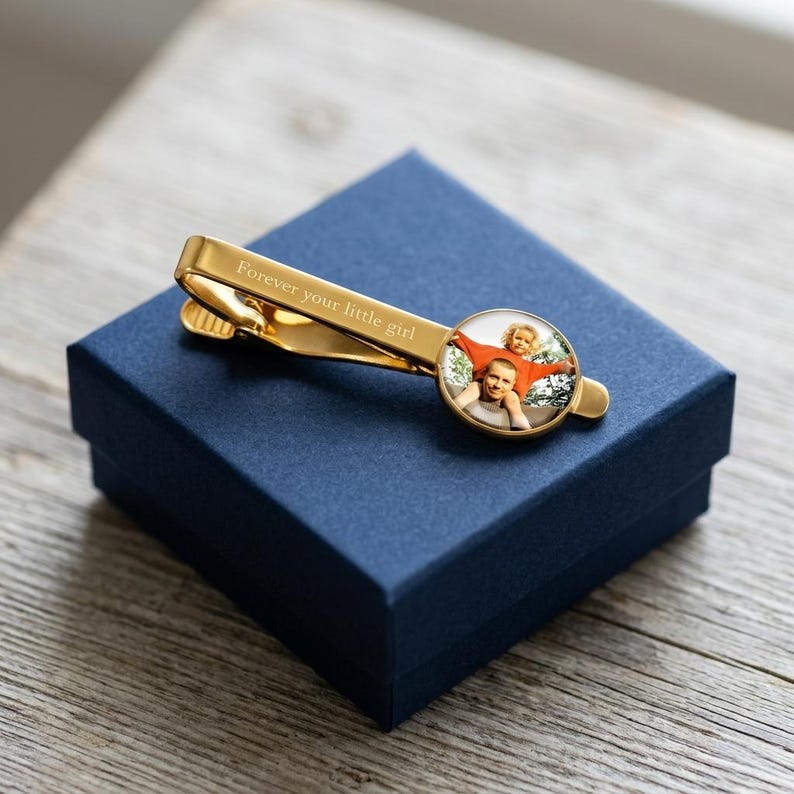 Custom tie bar custom featuring a personal picture, the perfect photo tie clip for Father's Day 2026.
