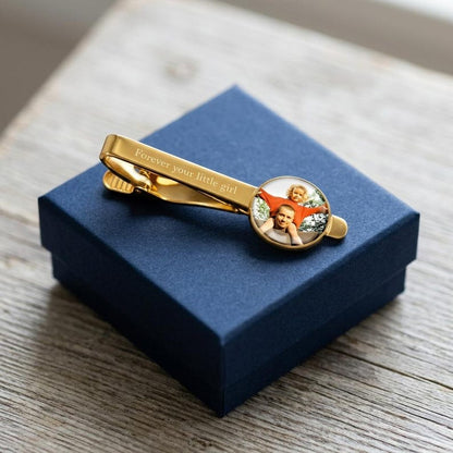 Custom tie bar custom featuring a personal picture, the perfect photo tie clip for Father's Day 2026.