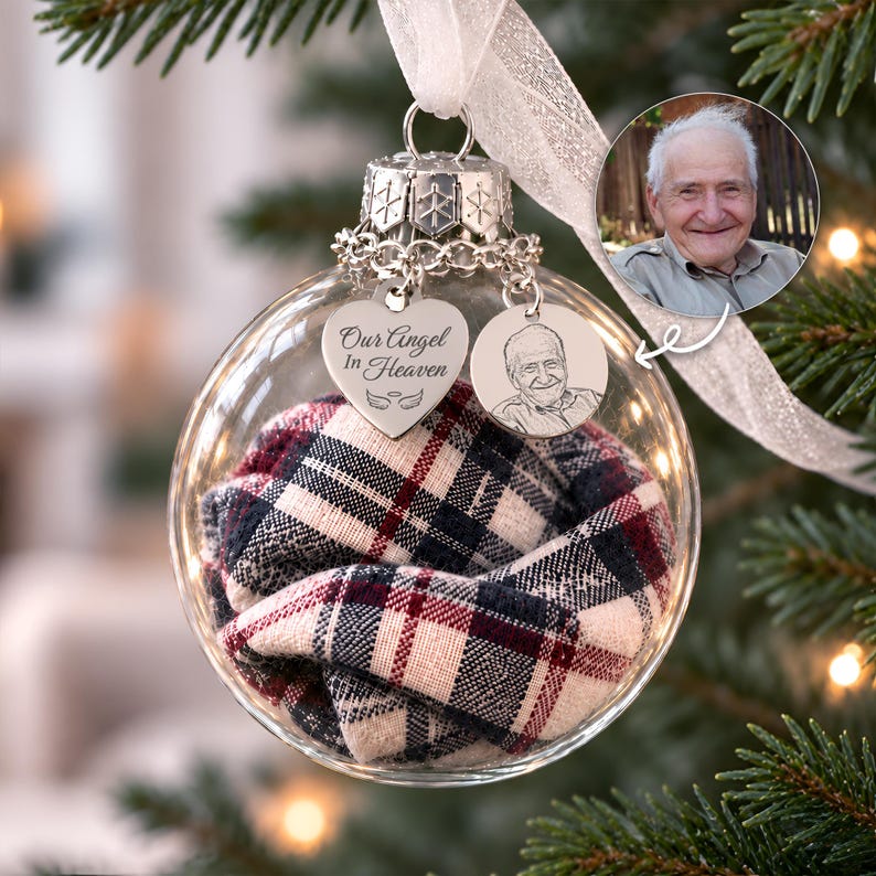 Personalized photo feather angel ornament, a custom engraved Christmas ornament for remembrance.