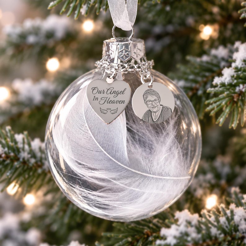 Feather angel ornament featuring a picture, a meaningful sympathy gift for loss of mother.