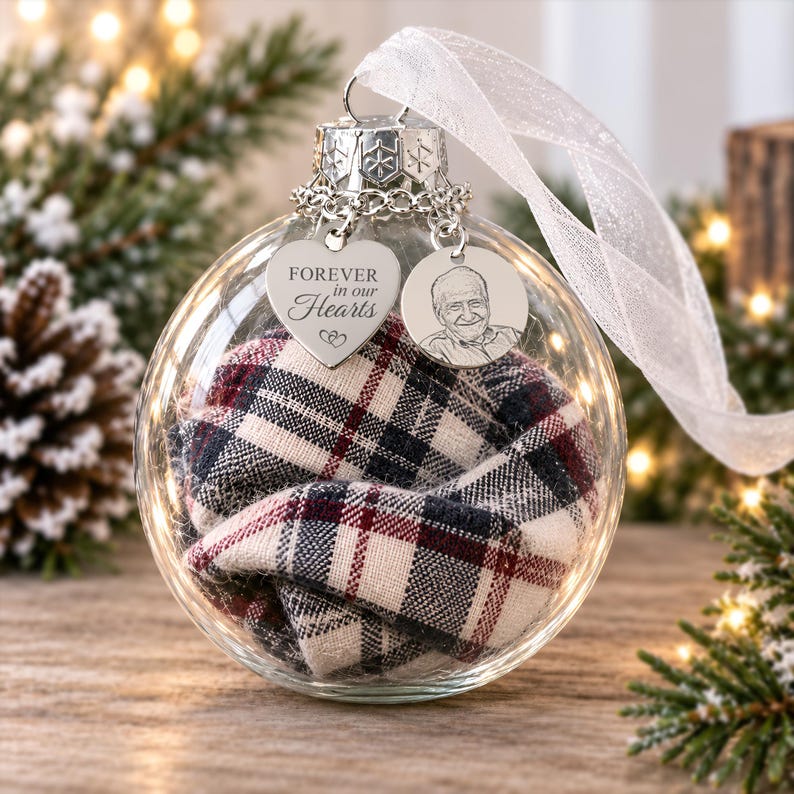 Personalized feather ornament with custom photo, a beautiful tree decoration in loving memory.