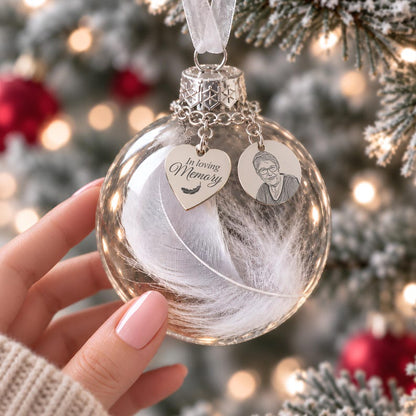 Sympathy gifts for loss of mother, featuring a personalized photo inside an angel feather ornament.