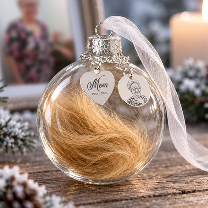 Personalized feather ornament with custom photo, a beautiful tree decoration in loving memory.