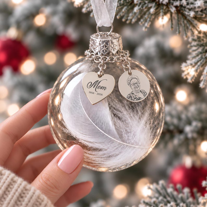 Sympathy gifts for loss of mother, featuring a personalized photo inside a feather ornament.