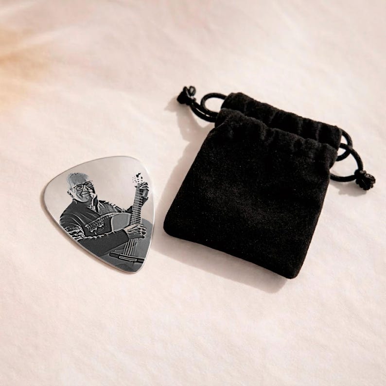 This custom guitar pick features a memorial photo and thumbprint, making a unique Father's Day gift.