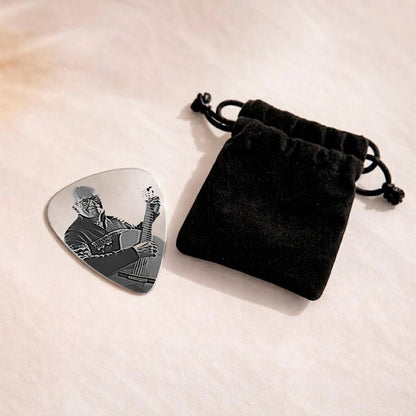 This custom guitar pick features a memorial photo and thumbprint, making a unique Father's Day gift.