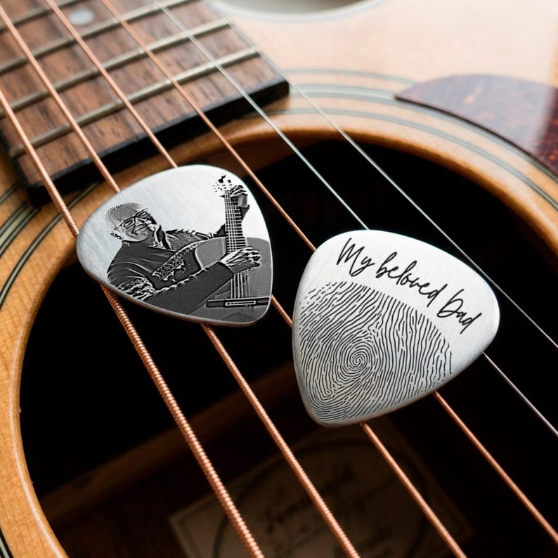 Elegant engraved gifts for dad, designed to be a functional and custom personalized guitar pick.