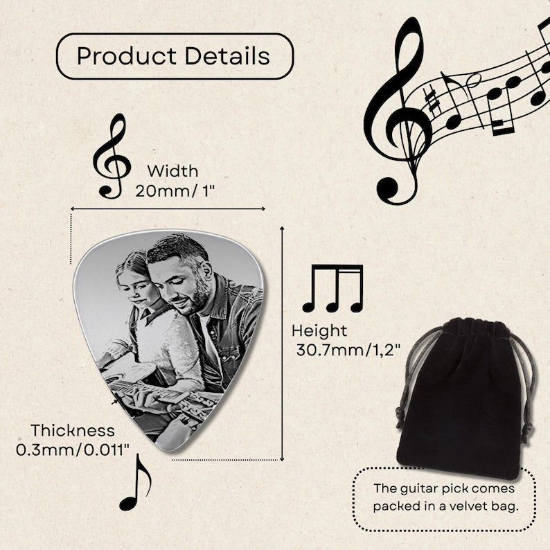 High-quality engraved guitar picks, ideal for those seeking a premium personalized photo gift.