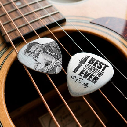 Customized guitar plectrum with a family picture, perfect for a dad who plays or collects picks.