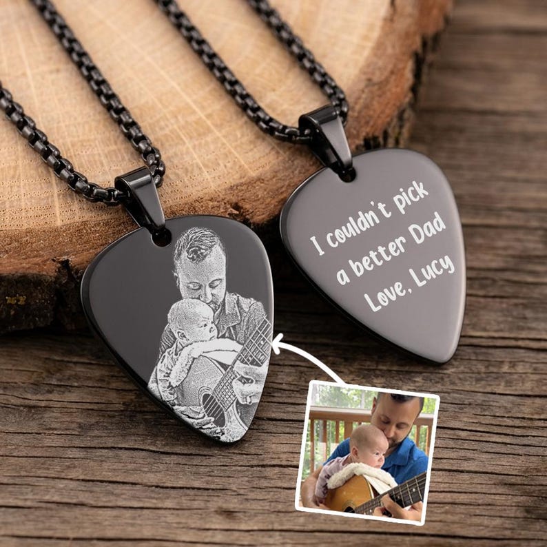 Personalized photo guitar pick necklace, a unique custom guitar pick necklace and engraved gift for dad.