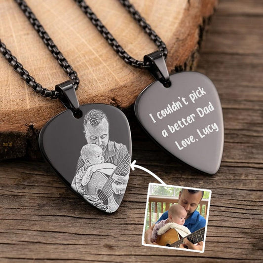 Personalized photo guitar pick necklace, a unique custom guitar pick necklace and engraved gift for dad.
