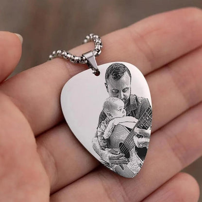 Engraved guitar pick necklace featuring custom family photo gifts, perfect for Father's Day 2026.