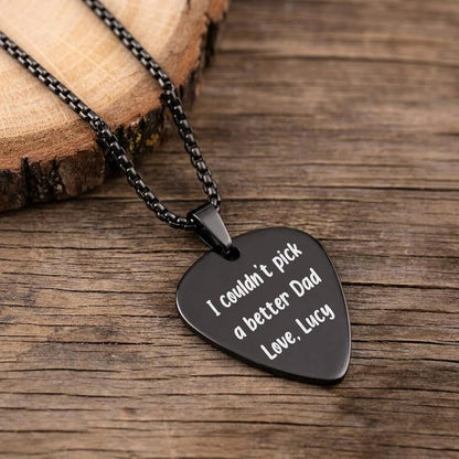 Engraved plectrum necklace and metal pendant, making a thoughtful Father's Day gift for guitar players.
