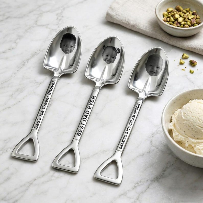 Personalized photo ice cream shovel spoon, a unique dad's ice cream shovel and engraved Father's Day gift.