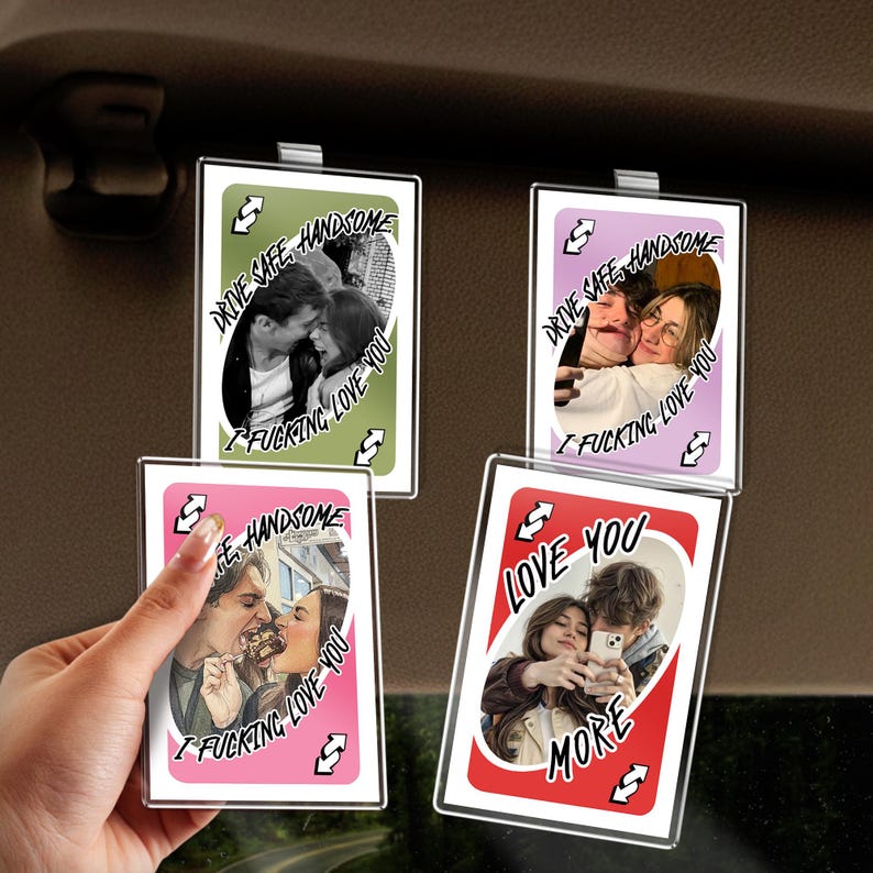 This custom car accessory is an ideal couple Valentine's gift and a thoughtful drive safe visor clip for him.