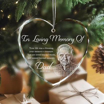 A beautiful crystal memorial ornament with a picture, this Personalized Photo Memorial Heart Glass Ornament is a treasured keepsake.