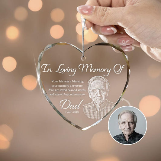 A Personalized Photo Memorial Heart Glass Ornament, a touching sympathy gift for the loss of a father or mother.