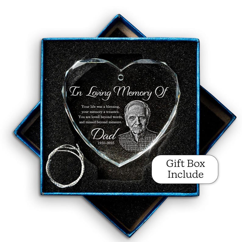 This crystal Personalized Photo Memorial Heart Glass Ornament is a beautiful memorial ornament with a picture to remember a loved one.