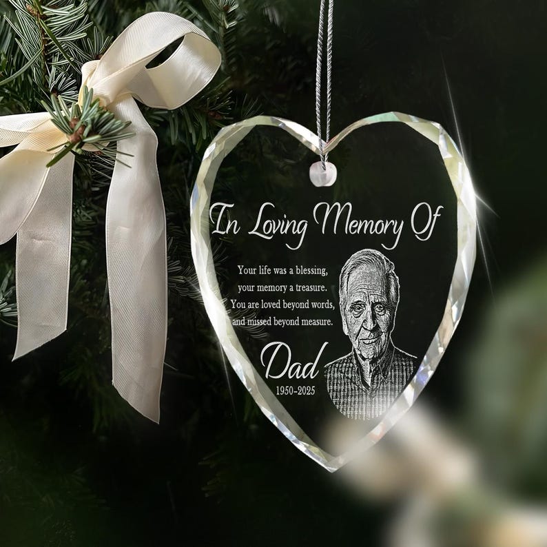The perfect sympathy gift for the loss of a father, this Personalized Photo Memorial Heart Glass Ornament keeps his memory close.