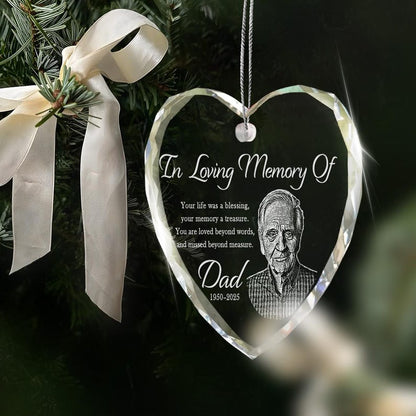 The perfect sympathy gift for the loss of a father, this Personalized Photo Memorial Heart Glass Ornament keeps his memory close.