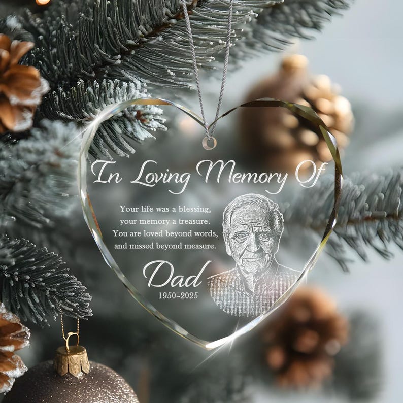 This elegant crystal ornament, a Personalized Photo Memorial Heart Glass Ornament, serves as a beautiful memorial ornament.