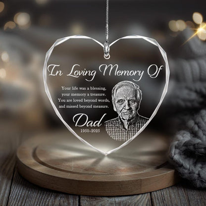 A close-up of a glass heart ornament, this Personalized Photo Memorial Ornament is a touching remembrance gift.