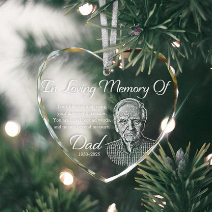 Keep a loved one's memory alive with a Personalized Photo Memorial Heart Glass Ornament, a lasting sympathy gift.