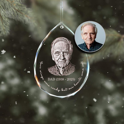 A beautiful Personalized Photo Memorial Teardrop Glass Ornament, an in loving memory Christmas ornament for a lost loved one.