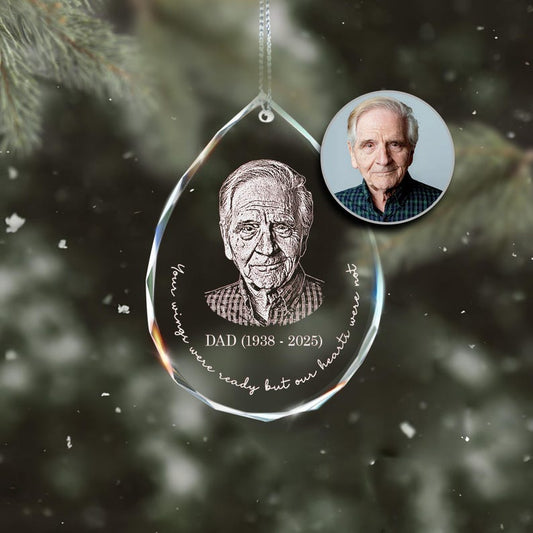A beautiful Personalized Photo Memorial Teardrop Glass Ornament, an in loving memory Christmas ornament for a lost loved one.