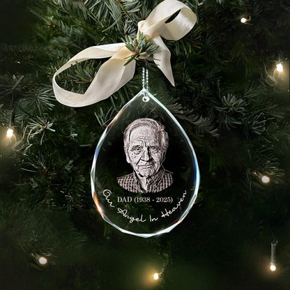 This teardrop memorial ornament, a Personalized Photo Memorial Teardrop Glass Ornament, is a unique memorial gift for someone grieving.