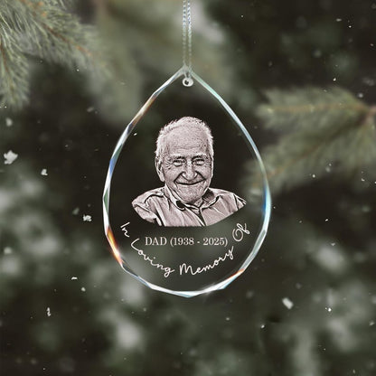 Displaying a Personalized Photo Memorial Teardrop Glass Ornament, a heartfelt memorial Christmas ornament with a picture.