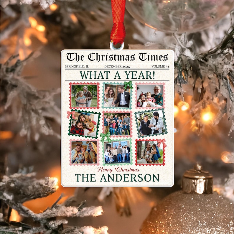 A Personalized Photo What A Year Newspaper Acrylic Ornament, a unique custom photo ornament and personalized family ornament.