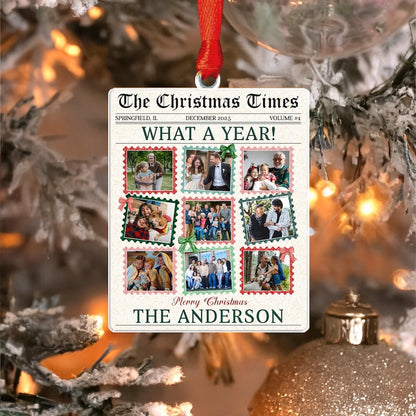 A Personalized Photo What A Year Newspaper Acrylic Ornament, a unique custom photo ornament and personalized family ornament.