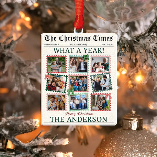 A Personalized Photo What A Year Newspaper Acrylic Ornament, a unique custom photo ornament and personalized family ornament.