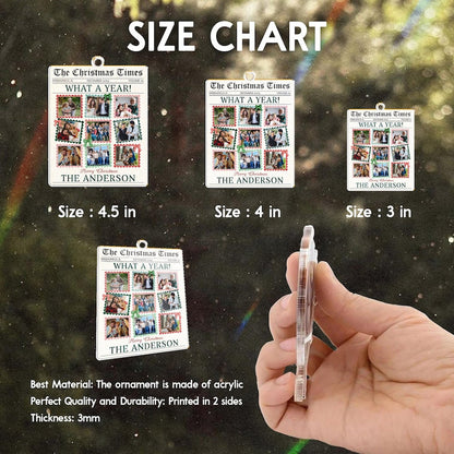 A close-up of a custom photo ornament, the Personalized Photo What A Year Newspaper Acrylic Ornament is a great family gift for Christmas.