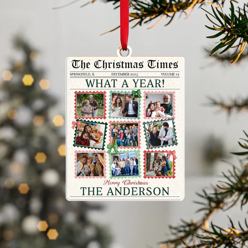 The ideal family gifts for Christmas, this Personalized Photo What A Year Newspaper Acrylic Ornament serves as a custom newspaper ornament.
