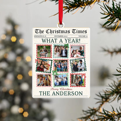 The ideal family gifts for Christmas, this Personalized Photo What A Year Newspaper Acrylic Ornament serves as a custom newspaper ornament.