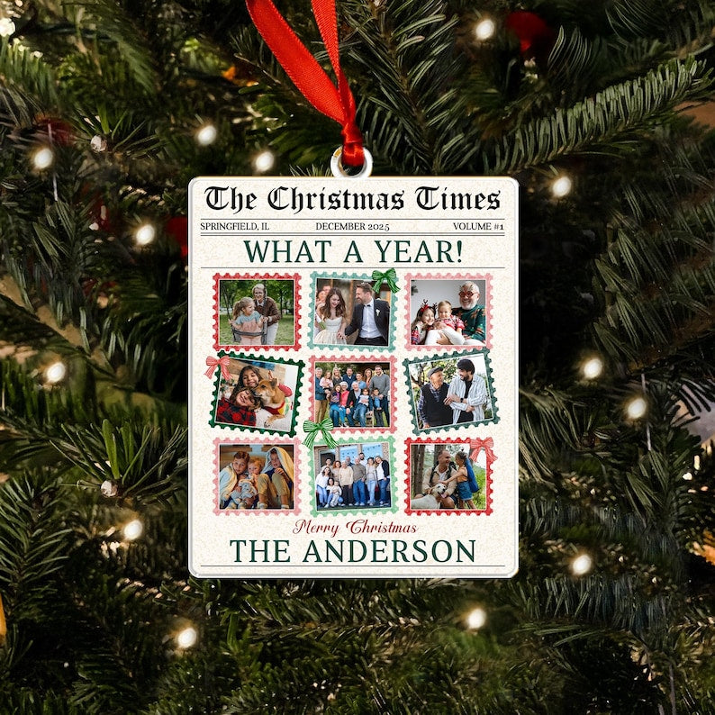 A beautiful personalized family ornament, the Personalized Photo What A Year Newspaper Acrylic Ornament is a custom photo ornament keepsake.