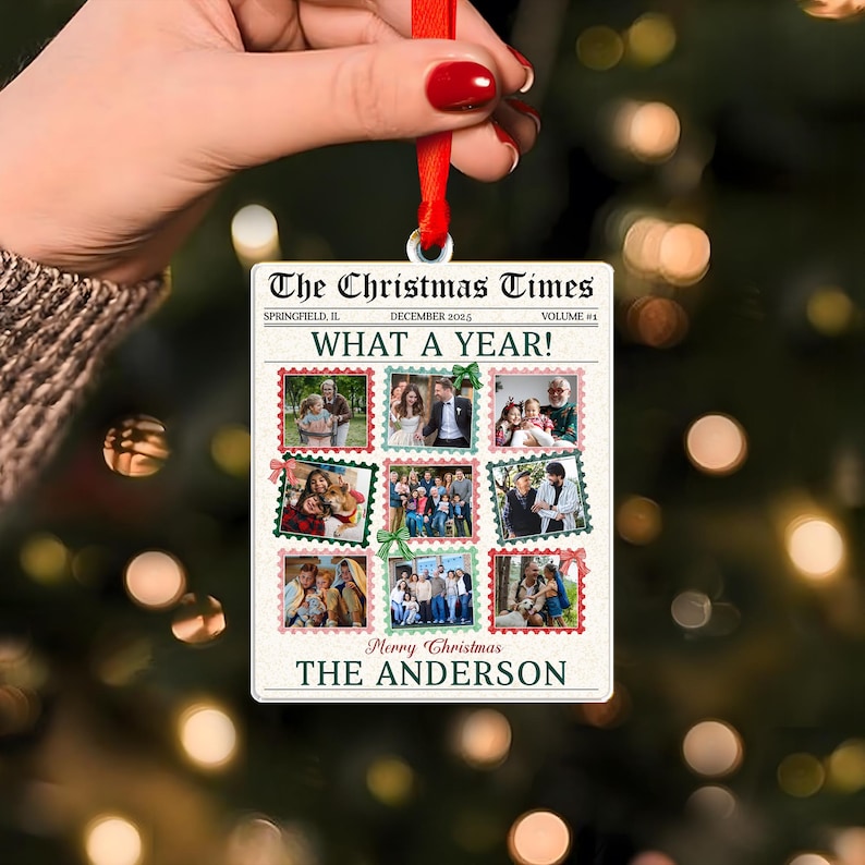 This newspaper ornament, a Personalized Photo What A Year Newspaper Acrylic Ornament, is a unique personalized Christmas ornament featuring a family photo.