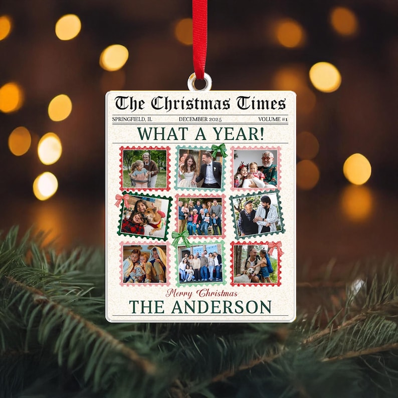 Personalized Photo What A Year Newspaper Acrylic Ornament, a custom photo ornament and treasured family gift for Christmas.