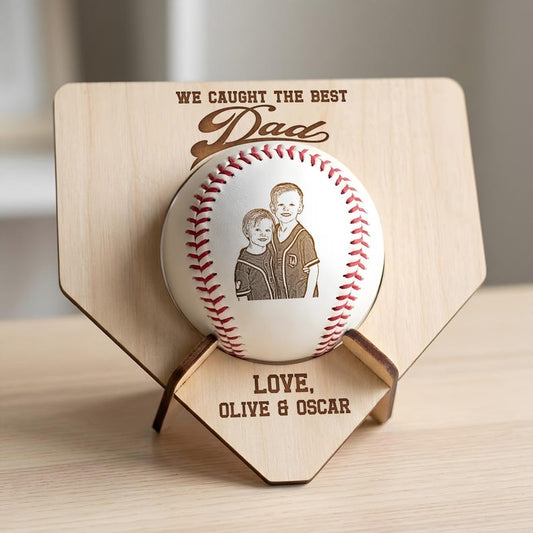 Personalized photo wooden baseball display case, a premium wood baseball holder and engraved gift for dad.