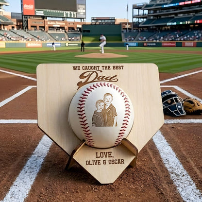Engraved baseball holder featuring a custom picture baseball, the perfect baseball Father's Day gift.
